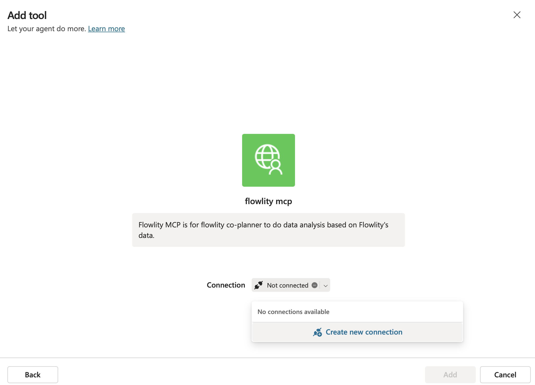 Bildschirm Add tool mit der Aufforderung, eine neue Verbindung für den Flowlity-MCP-Server zu erstellen