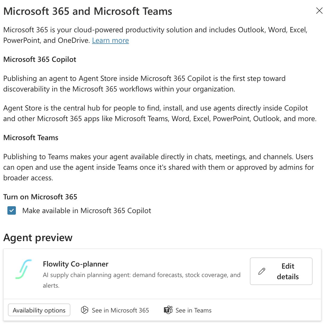 Kanalbereich Microsoft 365 and Teams mit aktivierter Option Make available in Microsoft 365 Copilot