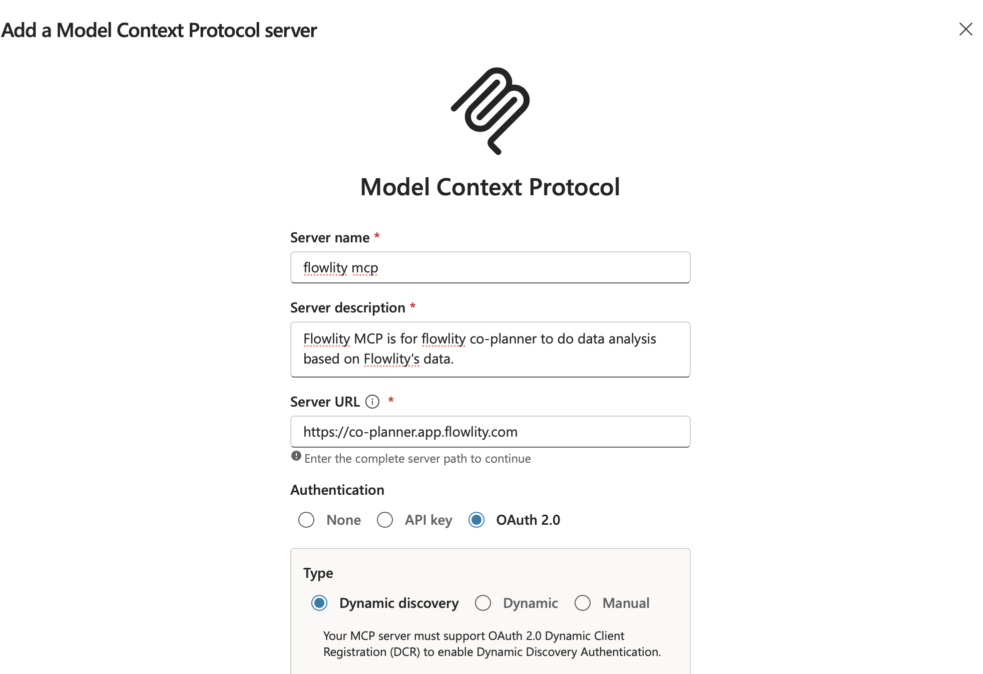 Formular Add a Model Context Protocol server mit Name, Beschreibung, URL und OAuth 2.0